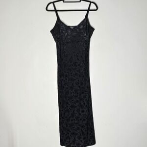 Cosmic Aura Black Floral Rose Burnout Velvet Midi Slip Dress V-Neck Gothic L